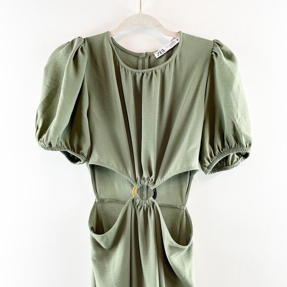 Zara Short Puff Sleeve Round Neck Cut Out A-Line Midi Dress Green Small - Picture 5 of 10